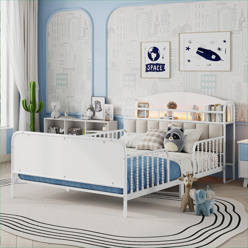 Structure de lit plateforme en métal pour chambre d'enfant, blanc éclatant avec lumière DEL et tête de lit tapissier avec rangement