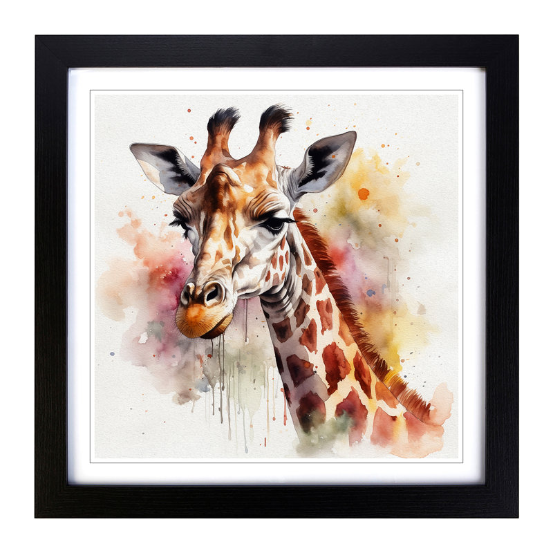 Giraffe Watercolour - Single Picture Frame Print on Wood, Black