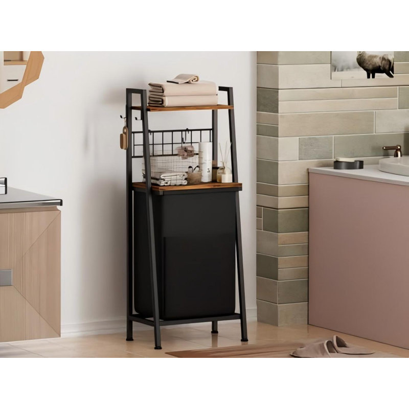 Laundry Hamper, Vertical Laundry Basket With 2 Tiers Wooden Shelf And Hooks, Clothes Hamper With Pull-Out And Removable Bag For Bathroom, Bedroom, Dorm, 13.21 Gallons (50L)