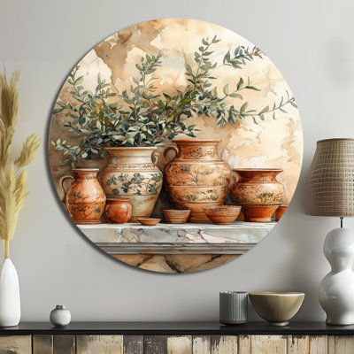 Peinture sur poterie - Nature morte à l'amphore grecque - Décoration murale géométrique en métal ronde