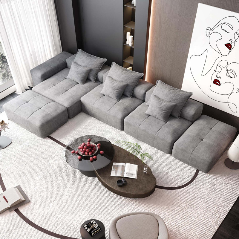 Canapé modulaire moderne capitonné de 6 pièces avec 6 coussins pour des combinaisons flexibles et un salon confortable, Gris