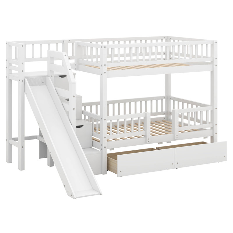 Twin Over Twin Bunk Bed With Storage Staircase, Solid Wood Bunk Bed Frame With Slide And 2 Drawers, White
