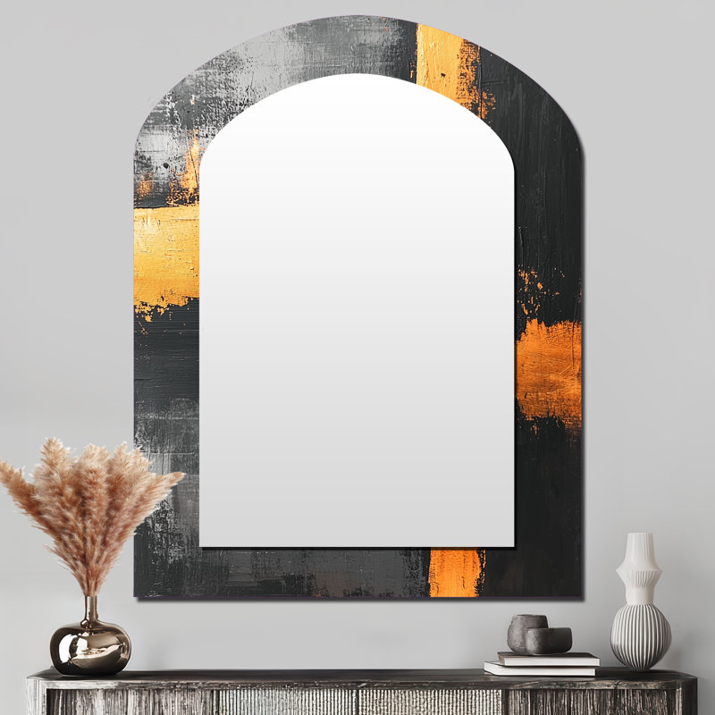 Black And Gold Converge Dream I - Line Art Arch Decorative Mirror, Modern Asymmetrical Wall Mirror, Printed Metal Art
