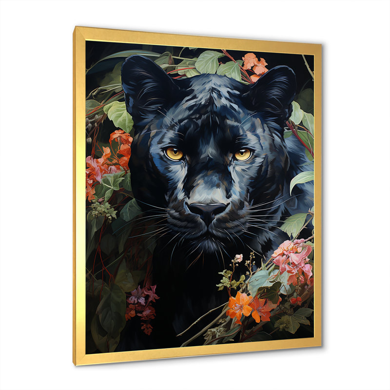 Enchanted Panther Jungle Realm - art mural de panthère, Cadre doré simple, H 44 po x l 34 po x P 1,5 po