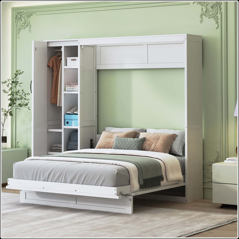 Lit escamotable double pleine grandeur avec tablettes, Blanc