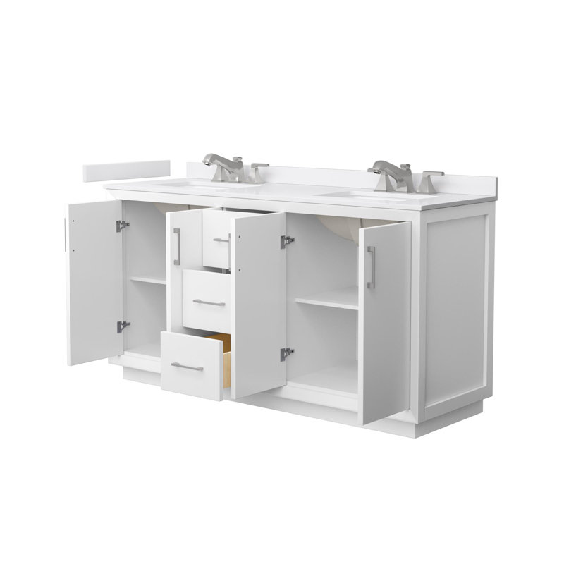 Strada 66" Freestanding Double Bathroom Vanity with Cultured Marble Top, Brushed Nickel, White