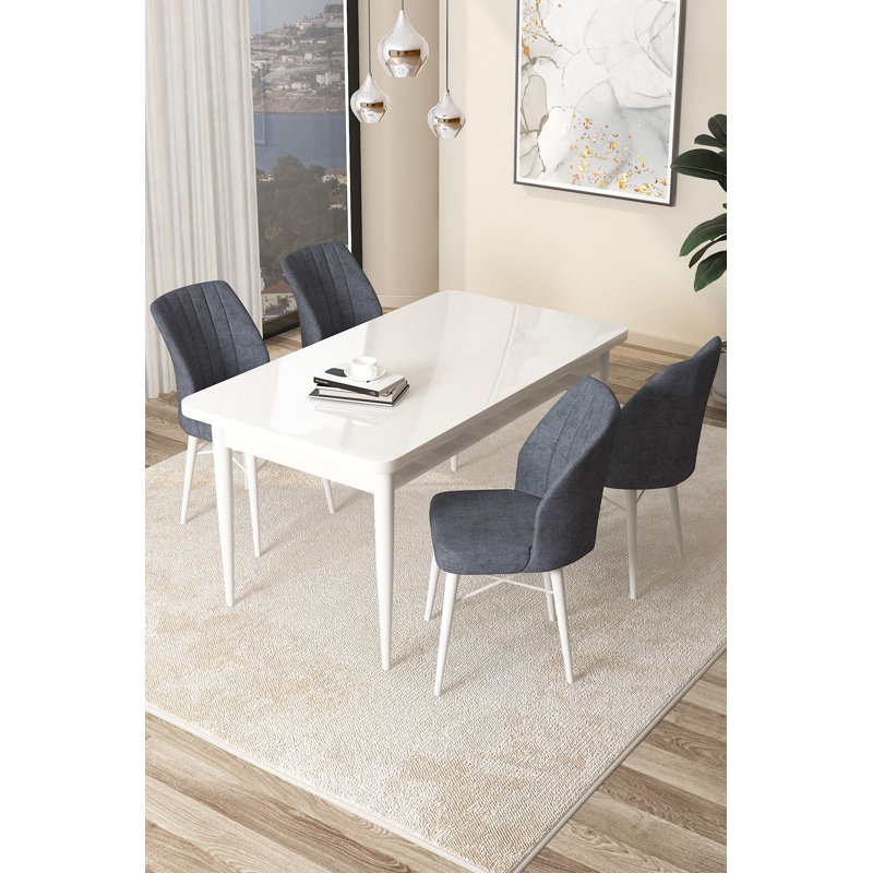 Ensemble de table et chaises de salle à manger moderne 5 pièces, blanc et fumée | Table de salle à manger 43,3 x 29,9 x 27,9 pouces | Chaises 17,7 po x 35,4 po x 16,5 po avec 22 dossiers en mousse et 28 sièges en mousse | Panneau de particules 100% mélaminé, design élégant