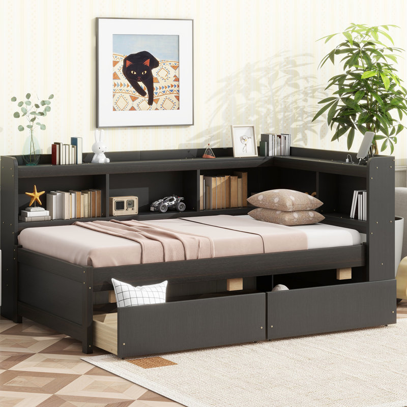 Twin Bed With L-Shaped Bookcases, 2 Drawers, Ports, Pine Made Charging,, Espresso