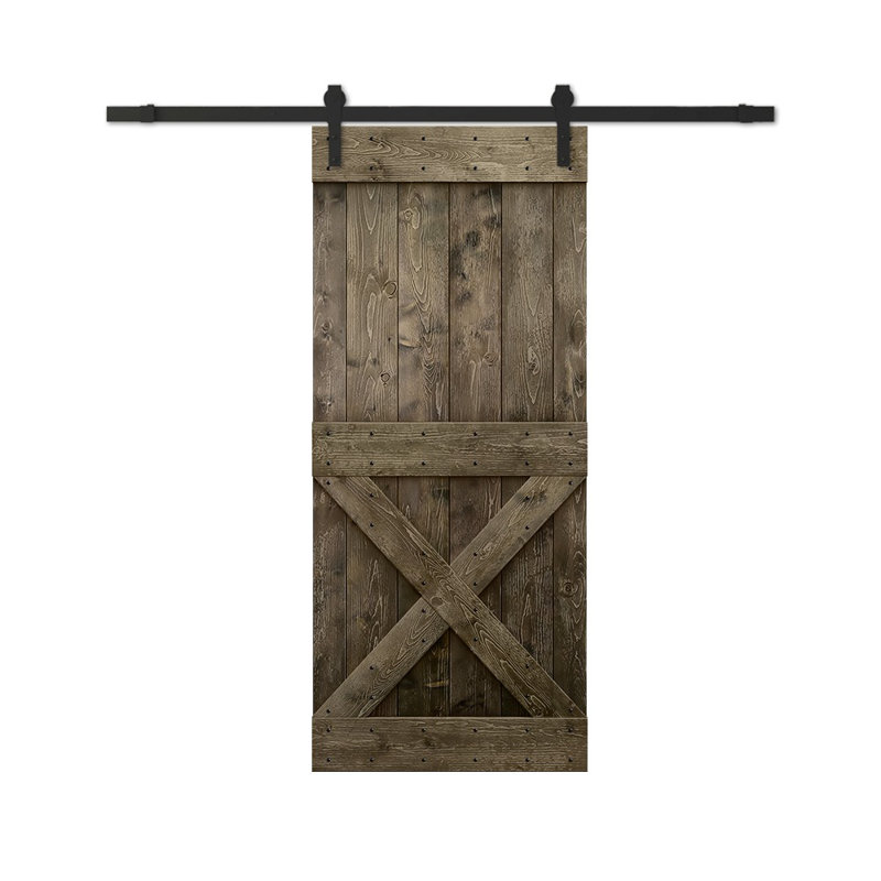 Porte de grange à panneaux et en bois avec quincaillerie d'installation, 36 po x 84 po, Café noir, Noir mat