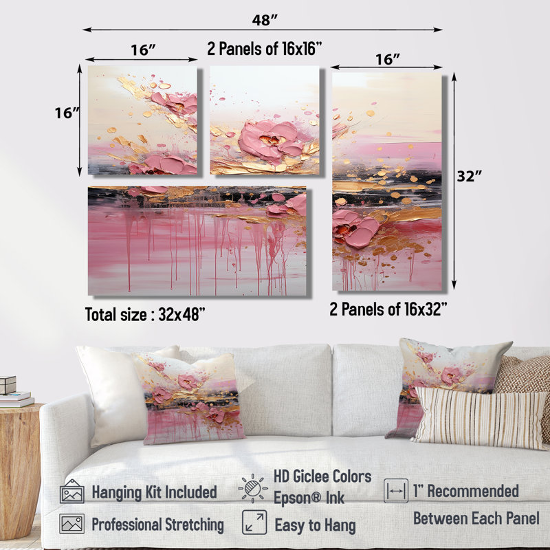 Rose, formes liquides modernes II - art mural 4 pièces, Impression encadrée sans passe-partout, Noir