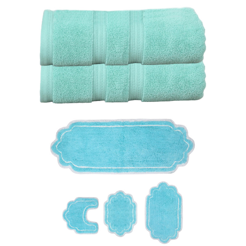Talbert Collection 100% Soft Cotton 2 PC Bath Towel Set & 4 PC Bath Rug Set, (Set of 6), Turquoise