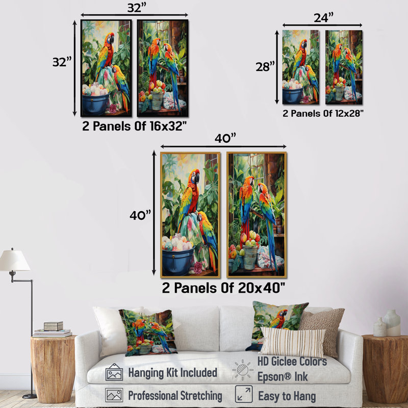 «Red Parrot Paradise I», ensemble de 2 reproductions d'art sur toile, H 40 po x l 41 po, Cadre flottant brun