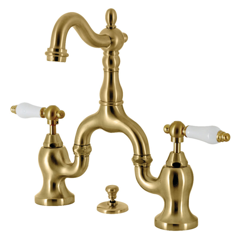Kingston Brass English Country Two-Handle 3-Hole Deck Mount Bridge Bathroom Faucet with Brass Pop-Up, Brushed Brass