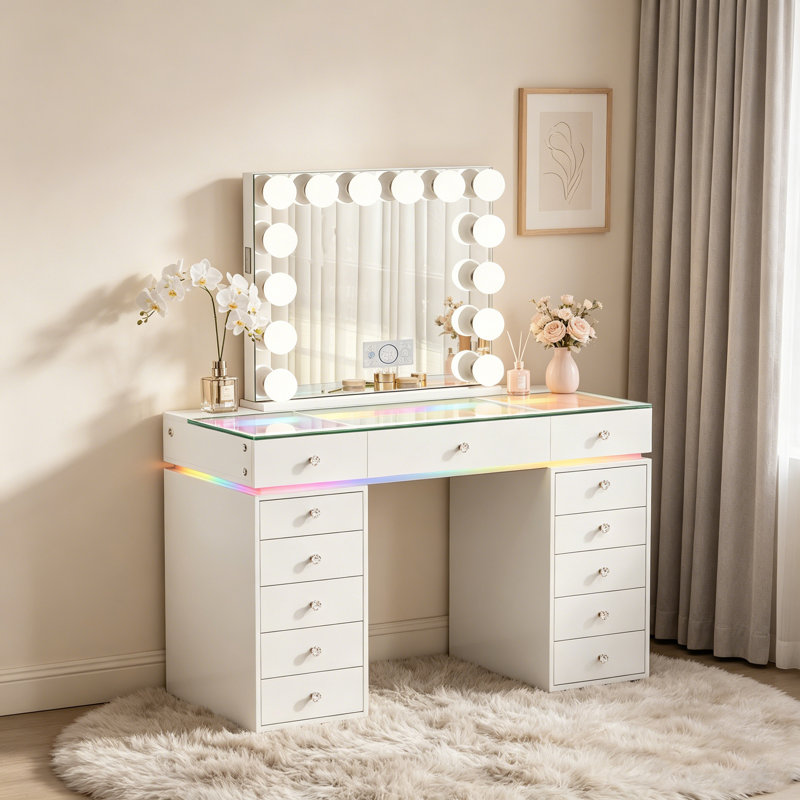 Vanity Set with High-Definition Glass Top, LED Mirror, Power Outlet, 13 Drawers & Crystal Knobs, White