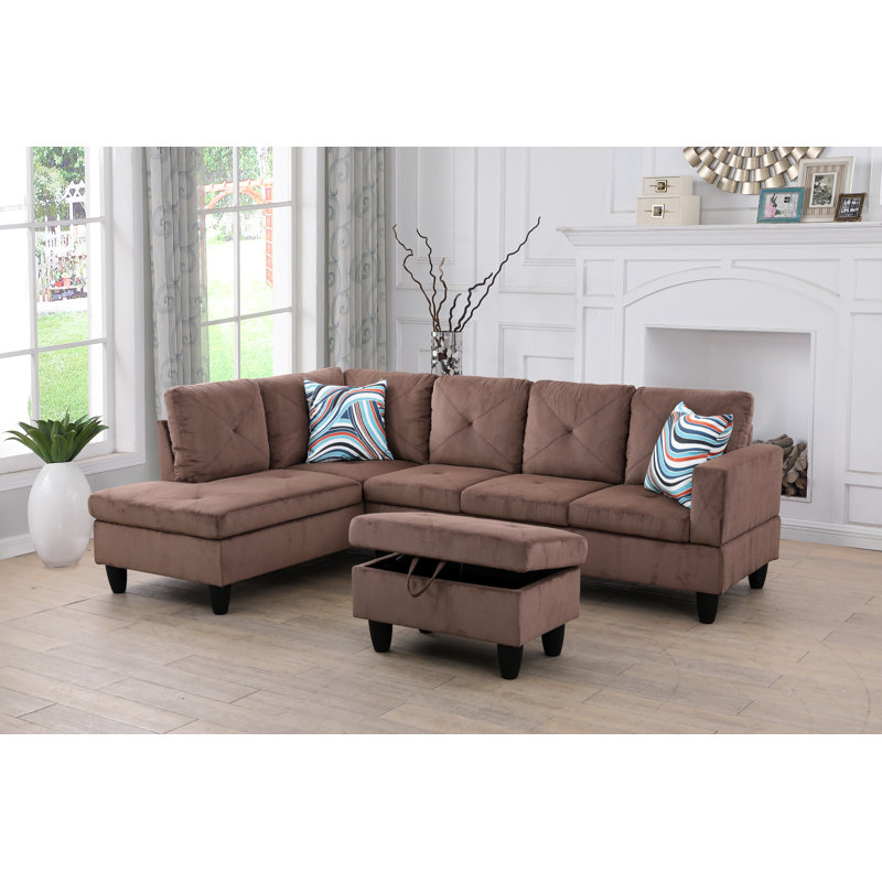 Brown coffee Sackcloth Fabric L style Living Room Sofa Set, Taupe Microfiber, Left Hand Facing