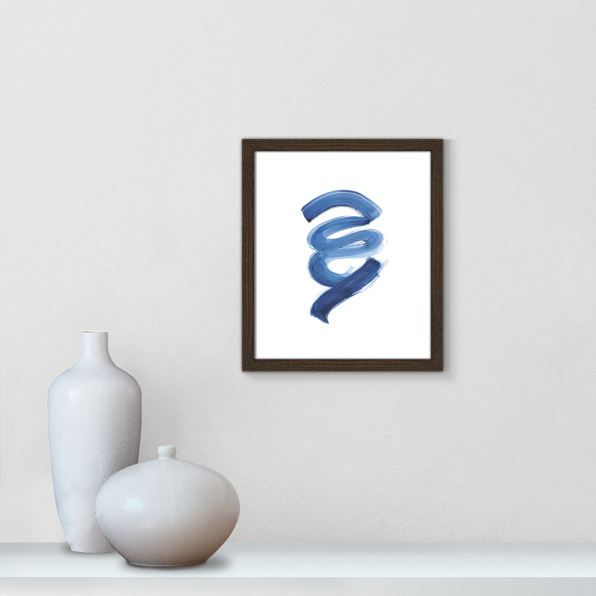 Slinky Indigo I by Filippo Ioco - Painting Print, Walnut Wood Framed Paper, 15" H x 13" W x 0.75" D