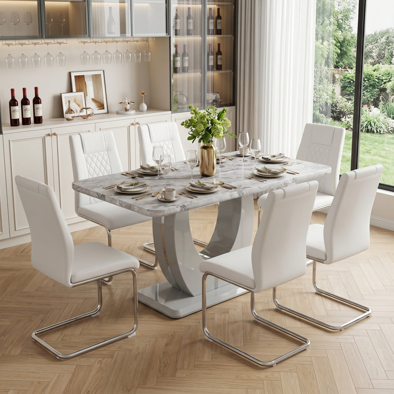 Ensemble de salle à manger Holloman, 7 pièces : table, 6 chaises, Blanc