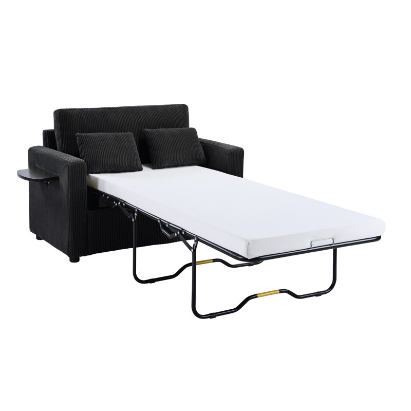 Lit simple convertible de 47,2 po avec lit pliable, mini table sur le bras pour les livres, deux ports, lunettes de lecture avec poches de rangement latérales, coussins lombaires de soutien, salon en velours côtelé doux, noir
