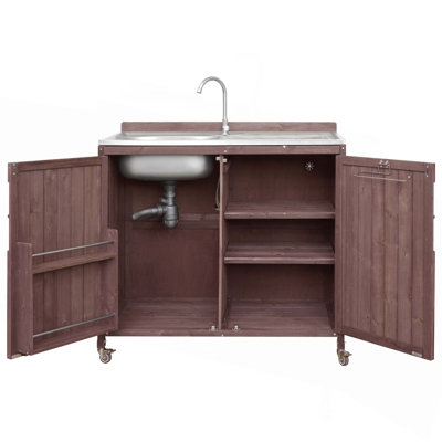 39.4" Outdoor Kitchen Island With 304 Stainless Steel Sink, Hose Hook Up & Faucet, Back Splash & 4 Wheels