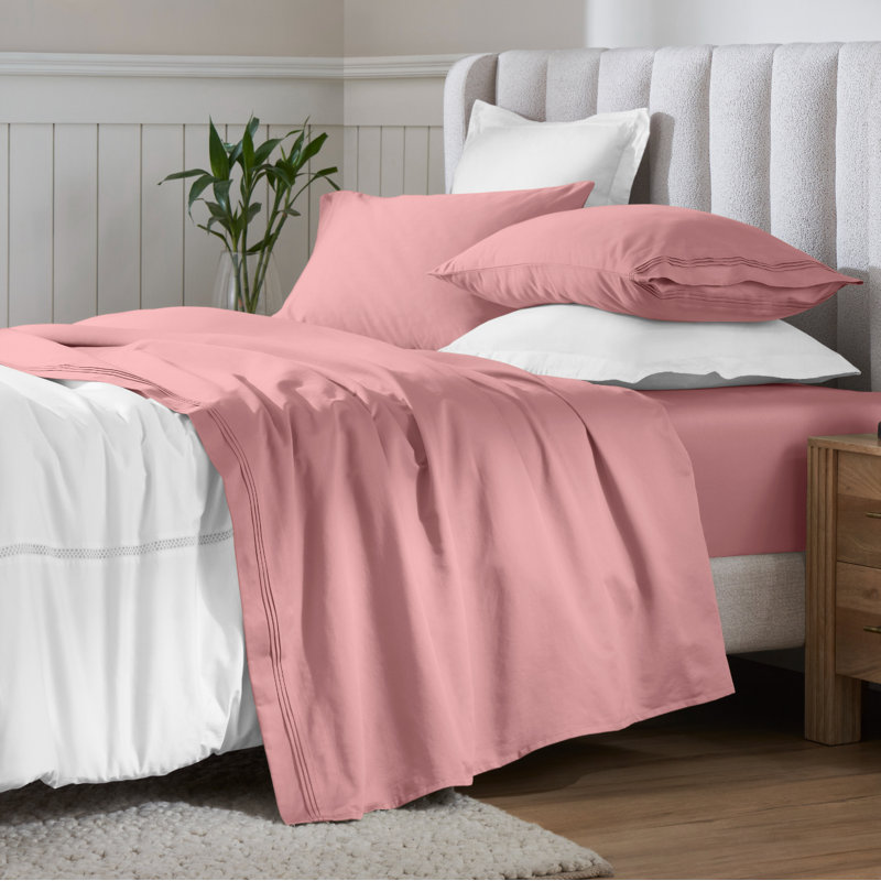 Ensemble de draps en coton égyptien de couleur unie à densité de tissage de 650 fils avec poches profondes, Rosé, Double