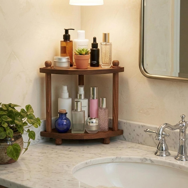 Étagère de coin de salle de bain, organisateur de salle de bain à 2 niveaux et rangement, étagère de maquillage pour meuble-lavabo en bois pour commode de cuisine