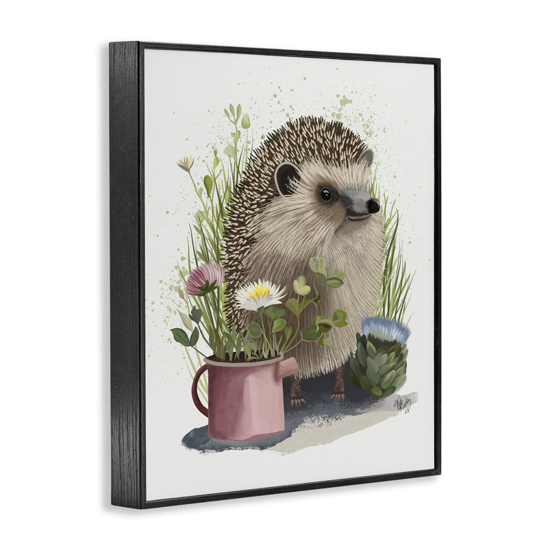 Hérisson avec plantes de jardin, estampe numérique encadrée par Fab Funky, H 20 po x l 16 po, Giclée encadrée noir minuit