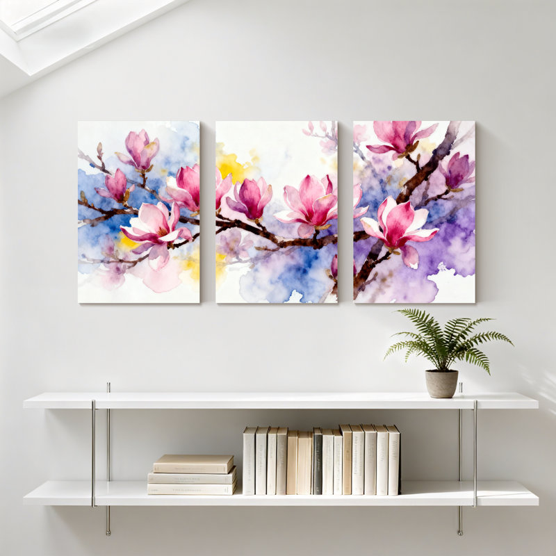 Magnolia rose Magnolia en fleurs sur des branches avec fond aquarelle, ensemble de 3 impressions sur toile, H 18 po x l 36 po