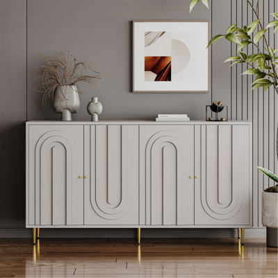 Modern Gray Lacquered 4-Door Wooden Cabinet With Adjustable Shelves And Golden Accents, Perfect For Storage And Style In Any Room