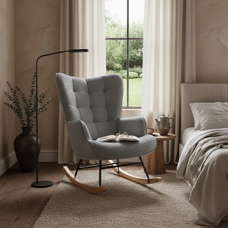 Tufted Rocking Chair, Modern Scandinavian Bouclé Accent Chair with Solid Wood Runners, Beige/Light Grey/Dark Grey/Pink