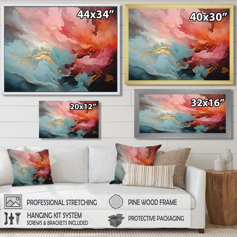After the Storms, rose foncé, bleu, or, nuages - art mural abstrait, Toile tendue, H 12 po x l 20 po x P 1 po