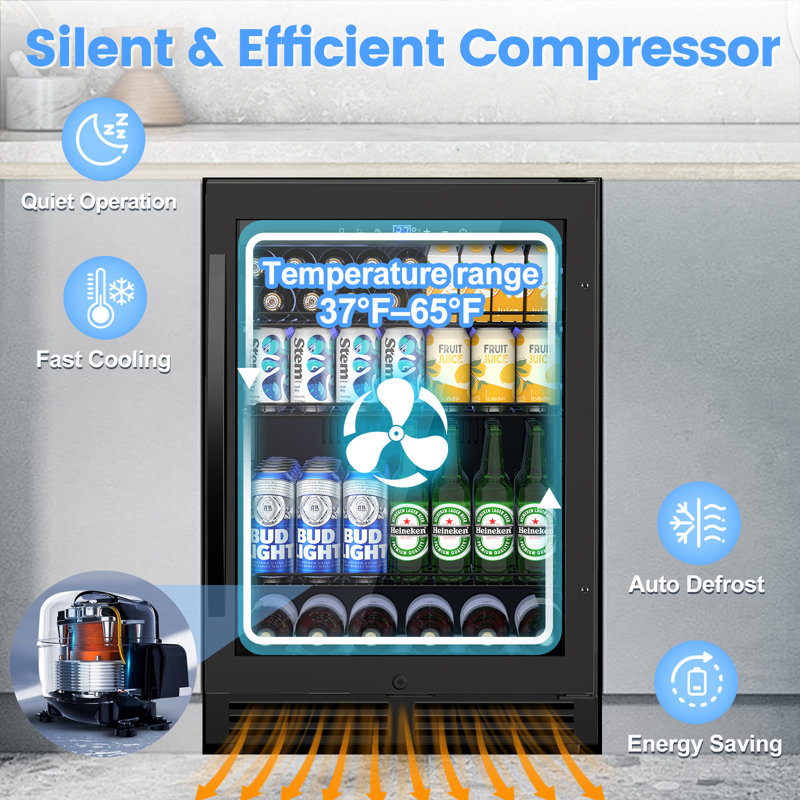 24" Beverage Refrigerator, 200-Can Capacity, Built-In/Freestanding, Wire Shelves, Dual Handle Options, Reversible Door & Safety Lock