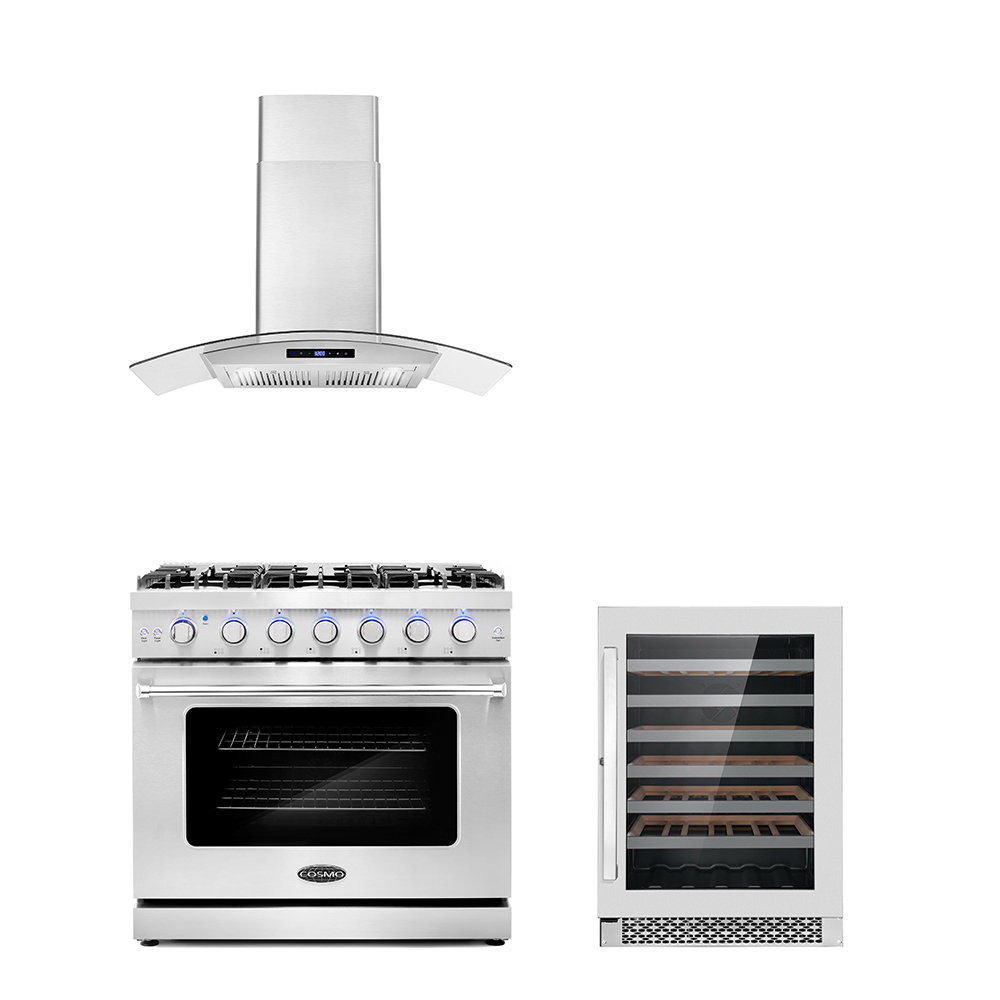 Cosmo 3 Piece Kitchen Appliance Package with Gas Freestanding Range , Island Range Hood , and Wine Refrigerator Cosmo