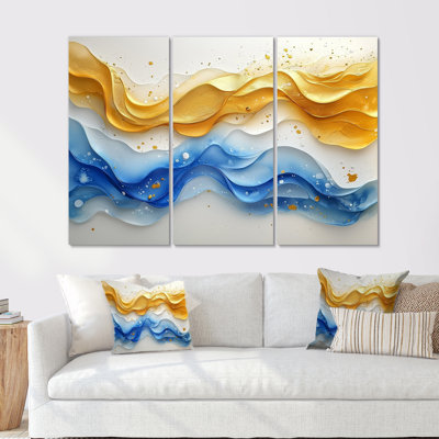 «Blue Yellow Dream Lines I», art mural vagues pour le salon, ensemble de 3