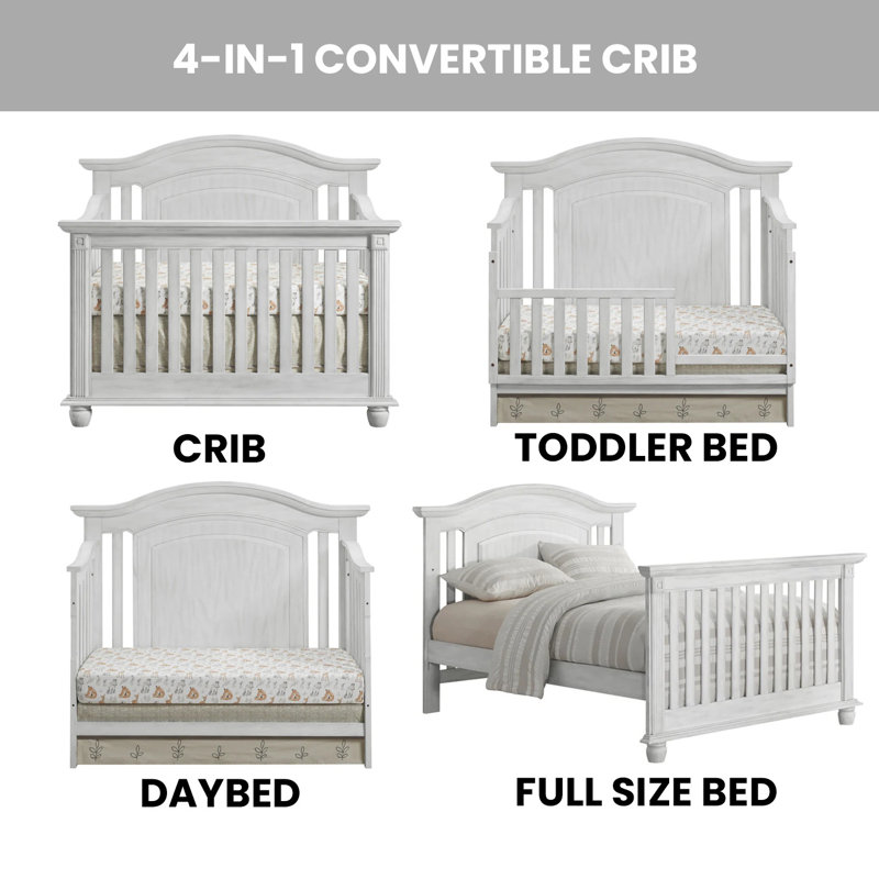 Vintage White 4-in-1 Convertible Baby Crib with Curved Headboard