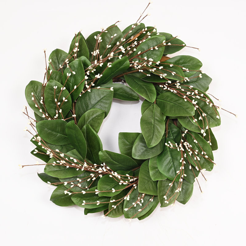 Couronne de feuilles de magnolia artificielle 24 po 24 po, Vert clair