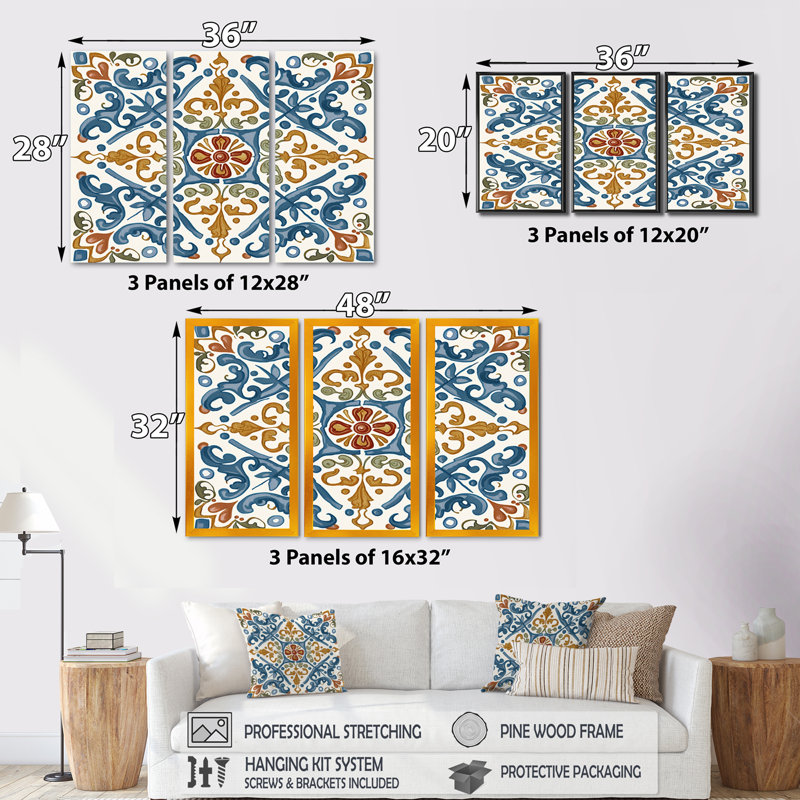 Carreaux de la Méditerranée en bleu rétro - impression de 3 pièces, Toile avec cadre flottant noir
