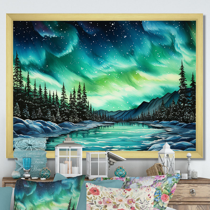 «Green Northern Lights Winter Charm» sur impression sur toile, H 30 po x l 40 po, Encadrement doré
