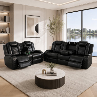 Ensemble de canapé de salon inclinable électrique en cuir 2 pièces avec lumières DEL et chargeur sans fil Vegan