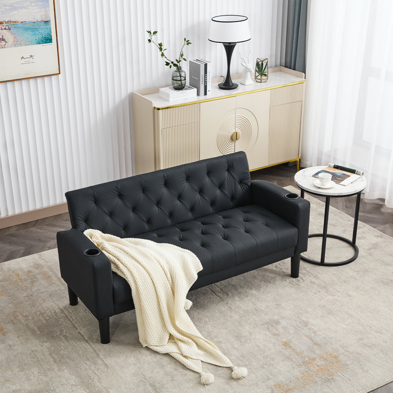 Causeuse capitonnée en similicuir de 62 po avec ports USB Jabryson , Noir