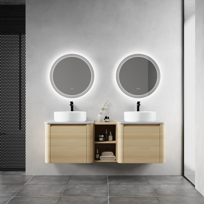 Meuble-lavabo mural 60 po avec lavabo d'art en céramique et 1 tablette de rangement, porte à fermeture en douceur, contreplaqué