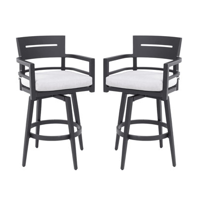 Chaises de bar pivotantes d'extérieur 2 pièces - Structure en aluminium avec braise noire, pivot à 360 °, dossier et accoudoirs ergonomiques, pieds fuselés, coussin Sunbrella, tabouret de bar durable et résistant aux intempéries