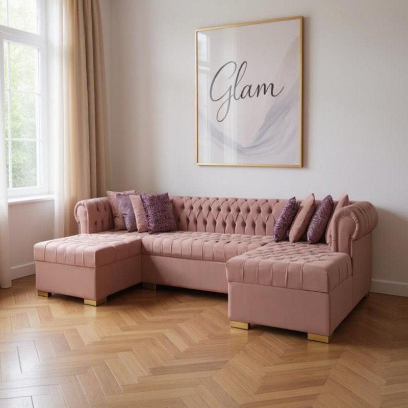 Canapé modulaire et méridienne en velours rose trois pièces avec coussins décoratifs en U