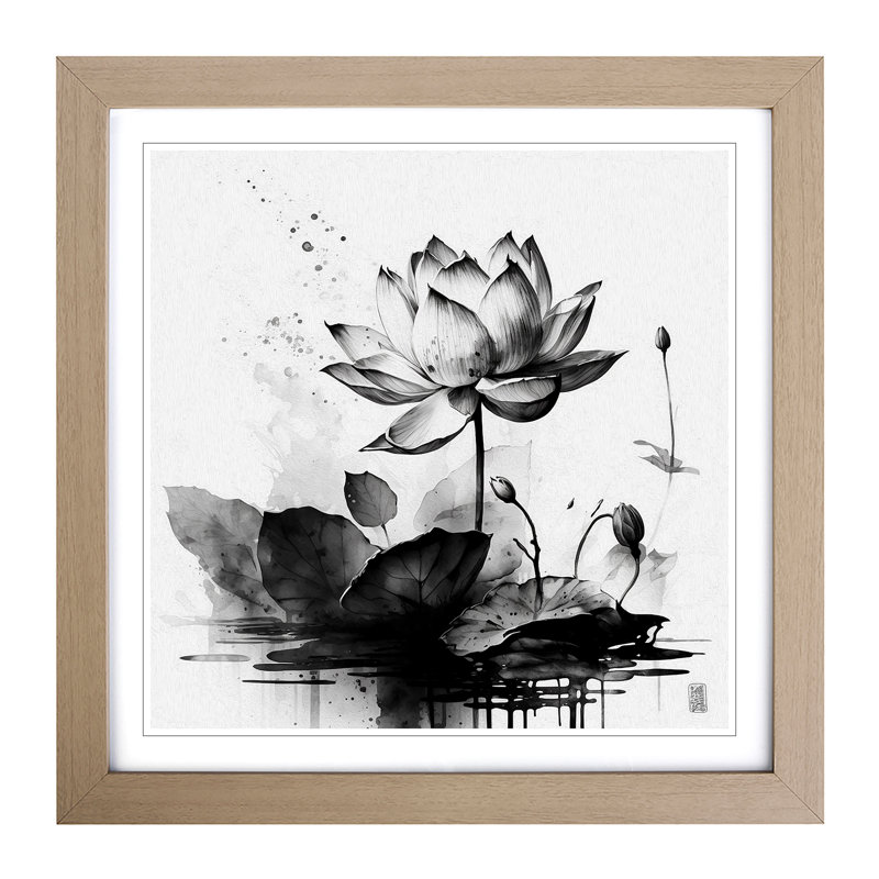 Lotus Flower Ink Wash - Framed Print, Oak