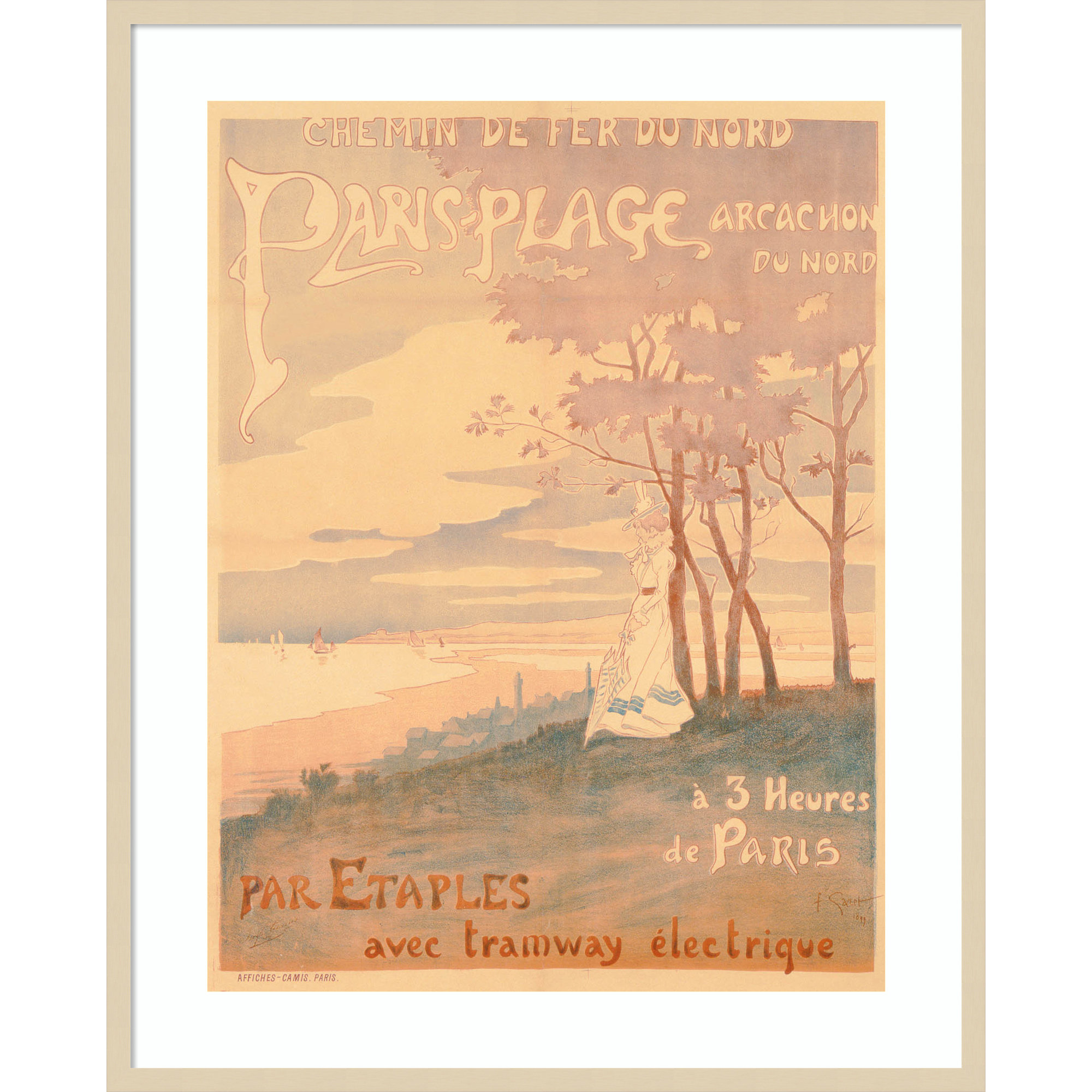 Poster Advertising Trams to Paris Plage by French School (19th century) Wood Framed Wall Art Print, 41" H x 33" W, Brown 
