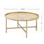 Table basse à plateau rond doré et chêne avec base en métal à barre transversale, épaisseur 0,75 po, profondeur 34 po, largeur 18 po, hauteur 18 po