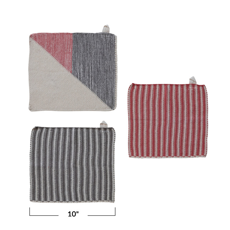 3 débarbouillettes en tricot de coton avec motif