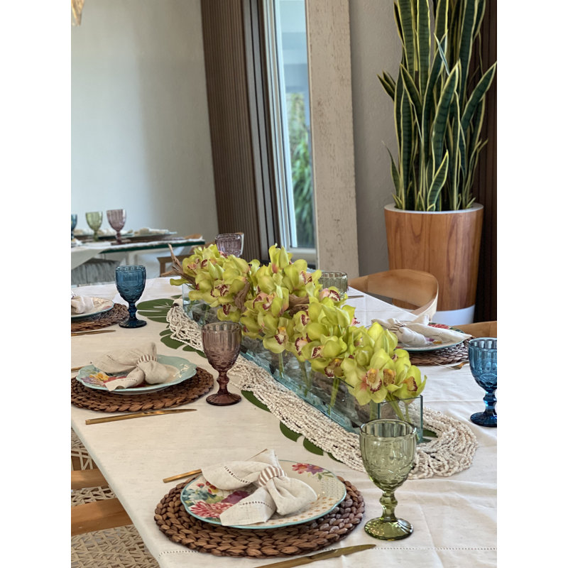 Driftwood Cymbidium Orchids Centerpiece in Glass Planter, 8" H x 48" W x 6" D, Green