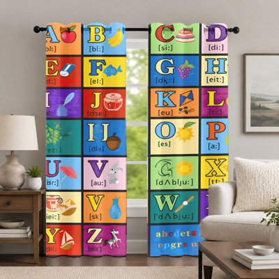 2Pcs Alphabet Pattern Curtains, Educational Style Window Drapes, Colorful Letter Illustration Printed Grommet Panels, Decorative Home Decor for Kids Bedroom Nursery Living Room