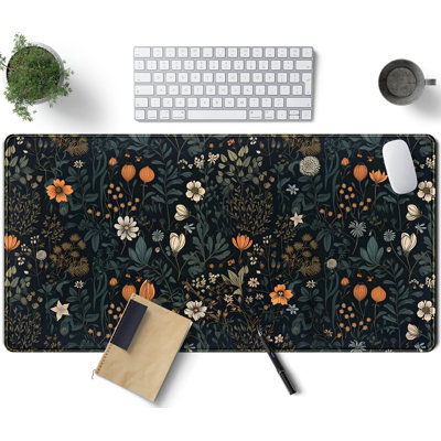 Tapis de bureau fleuri foncé mignon, tapis de souris vintage à fleurs et plantes, format XXL, idéal pour le jeu, la décoration de bureau pour femmes, grand tapis pour clavier et souris d'ordinateur portable avec bords cousus, 30 x 70 cm. Livré avec une tasse blanche en cadeau.