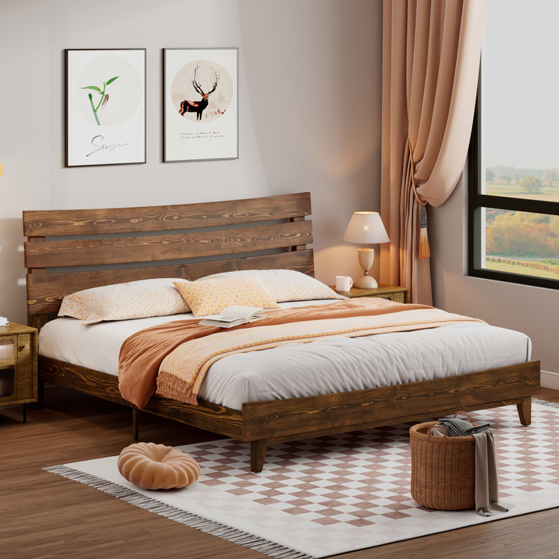 45'' Mid-century Solid Wood Bed Frame With Headboard, King, Chocolate